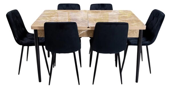Set masa extensibila Napoli Royal Beige cu 6 scaune Kobe negru, DENVER, picioare vopsite negru, 130x80x76 cm