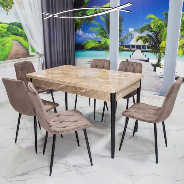 Set masa extensibila Napoli Royal Beige cu 6 scaune Kobe maro, DENVER, picioare vopsite negru, 130x80x76 cm