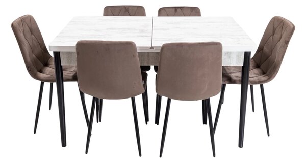 Set masa extensibila Napoli Pin antichizat cu 6 scaune Kobe maro, DENVER, picioare vopsite negru, 130x80x76 cm