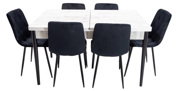 Set masa extensibila Napoli Pin antichizat cu 6 scaune Kobe negru, DENVER, picioare vopsite negru, 130x80x76 cm