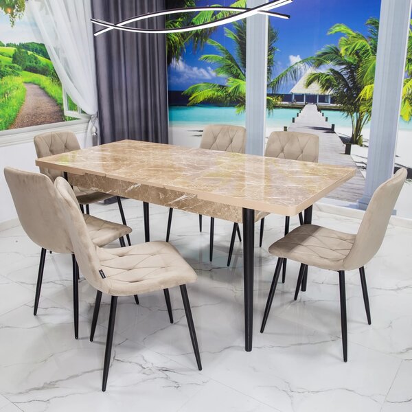Set masa extensibila Napoli Royal Beige cu 6 scaune Kobe bej, DENVER, picioare vopsite negru, 130x80x76 cm