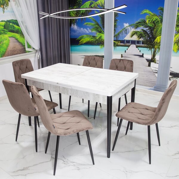 Set masa extensibila Napoli Pin antichizat cu 6 scaune Kobe maro, DENVER, picioare vopsite negru, 130x80x76 cm