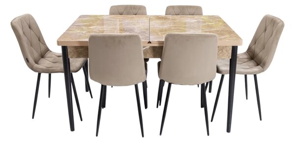 Set masa extensibila Napoli Royal Beige cu 6 scaune Kobe bej, DENVER, picioare vopsite negru, 130x80x76 cm