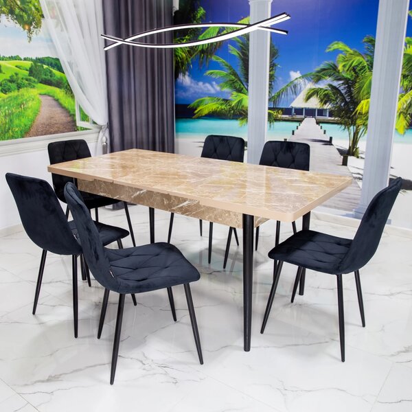 Set masa extensibila Napoli Royal Beige cu 6 scaune Kobe negru, DENVER, picioare vopsite negru, 130x80x76 cm