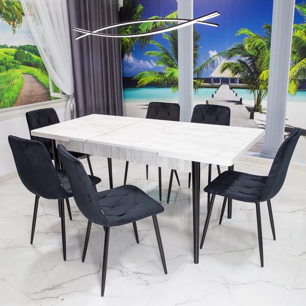 Set masa extensibila Napoli Pin antichizat cu 6 scaune Kobe negru, DENVER, picioare vopsite negru, 130x80x76 cm