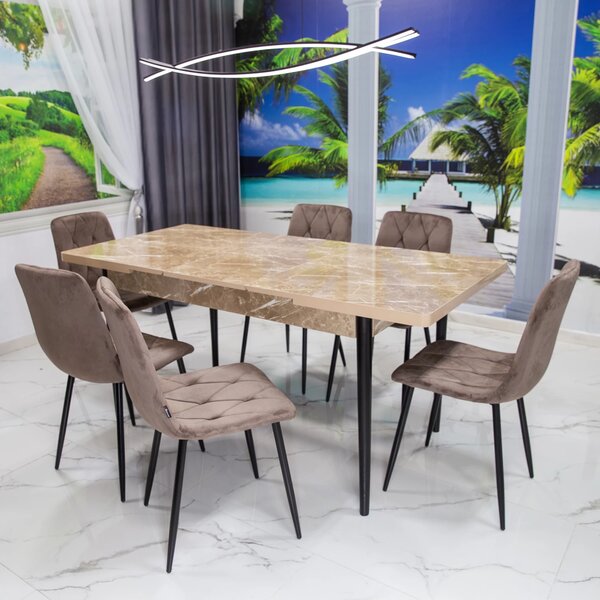 Set masa extensibila Napoli Royal Beige cu 6 scaune Kobe maro, DENVER, picioare vopsite negru, 130x80x76 cm