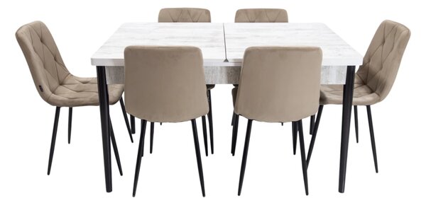 Set masa extensibila Napoli Pin antichizat cu 6 scaune Kobe bej, DENVER, picioare vopsite negru, 130x80x76 cm