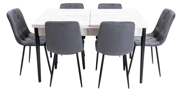 Set masa extensibila Napoli Pin antichizat cu 6 scaune Kobe gri, DENVER, picioare vopsite negru, 130x80x76 cm