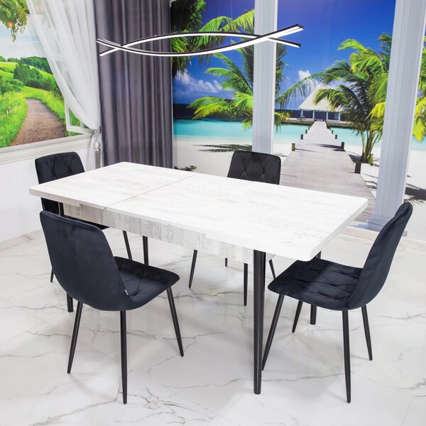 Set masa extensibila Napoli Pin antichizat cu 4 scaune Kobe negru, DENVER, picioare vopsite negru, 130x80x76 cm