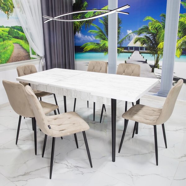 Set masa extensibila Napoli Pin antichizat cu 6 scaune Kobe bej, DENVER, picioare vopsite negru, 130x80x76 cm