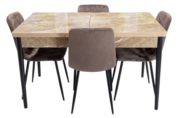 Set masa extensibila Napoli Royal Beige cu 4 scaune Kobe maro, DENVER, picioare vopsite negru, 130x80x76 cm
