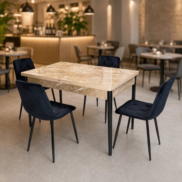 Set masa extensibila Napoli Royal Beige cu 4 scaune Kobe negre, DENVER, picioare vopsite negru, 130x80x76 cm