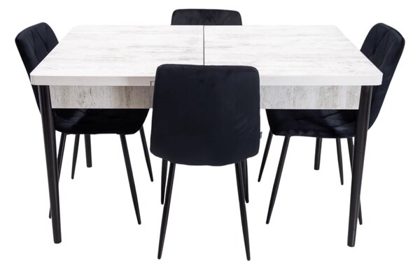 Set masa extensibila Napoli Pin antichizat cu 4 scaune Kobe negru, DENVER, picioare vopsite negru, 130x80x76 cm