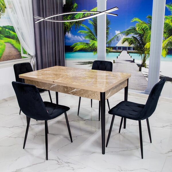 Set masa extensibila Napoli Royal Beige cu 4 scaune Kobe negre, DENVER, picioare vopsite negru, 130x80x76 cm