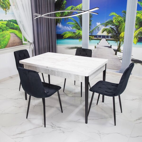 Set masa extensibila Napoli Pin antichizat cu 4 scaune Kobe negru, DENVER, picioare vopsite negru, 130x80x76 cm