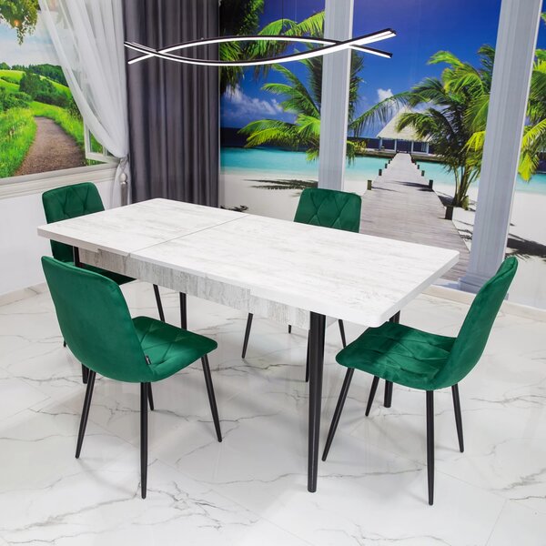 Set masa extensibila Napoli Pin antichizat cu 4 scaune Kobe verde, DENVER, picioare vopsite negru, 130x80x76 cm