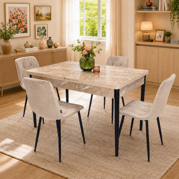 Set masa extensibila Napoli Royal Beige cu 4 scaune Kobe bej, DENVER, picioare vopsite negru, 130x80x76 cm