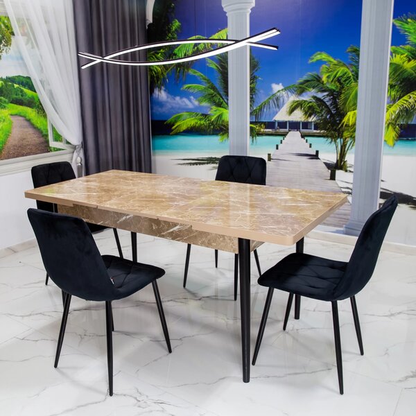 Set masa extensibila Napoli Royal Beige cu 4 scaune Kobe negre, DENVER, picioare vopsite negru, 130x80x76 cm