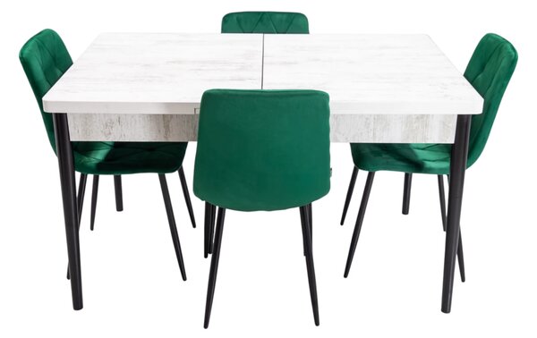 Set masa extensibila Napoli Pin antichizat cu 4 scaune Kobe verde, DENVER, picioare vopsite negru, 130x80x76 cm