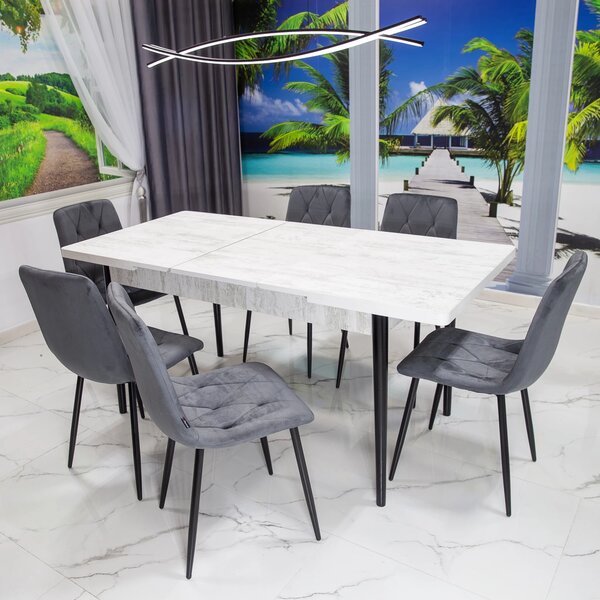 Set masa extensibila Napoli Pin antichizat cu 6 scaune Kobe gri, DENVER, picioare vopsite negru, 130x80x76 cm