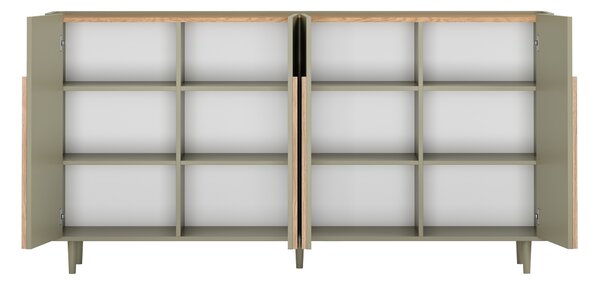 Comodă pe picioare Amilio 200 cm cu patru uși - eucalipt / stejar baltic dune / mânere stejar natural