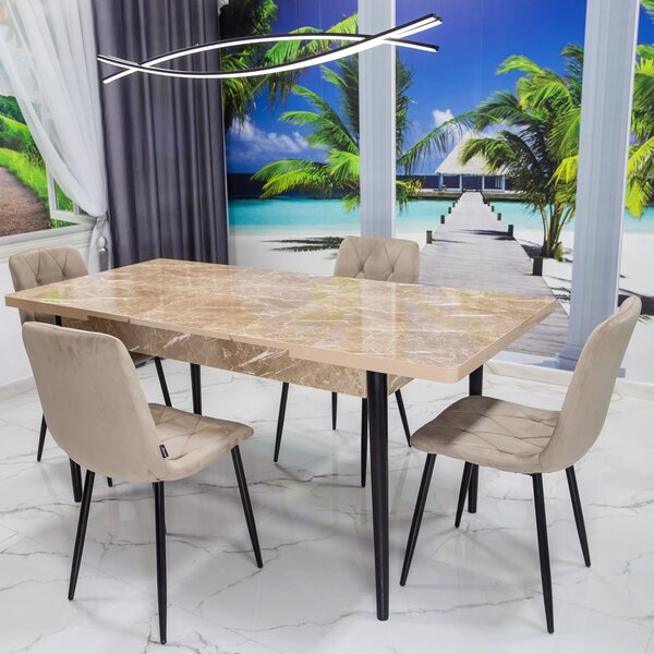 Set masa extensibila Napoli Royal Beige cu 4 scaune Kobe bej, DENVER, picioare vopsite negru, 130x80x76 cm