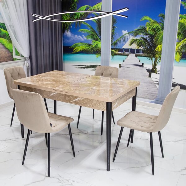 Set masa extensibila Napoli Royal Beige cu 4 scaune Kobe bej, DENVER, picioare vopsite negru, 130x80x76 cm