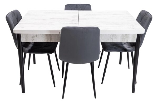 Set masa extensibila Napoli Pin antichizat cu 4 scaune Kobe gri, DENVER, picioare vopsite negru, 130x80x76 cm