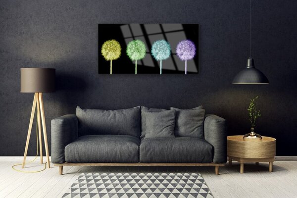 Tablou pe sticla Păpădie Floral Galben Verde Albastru Violet