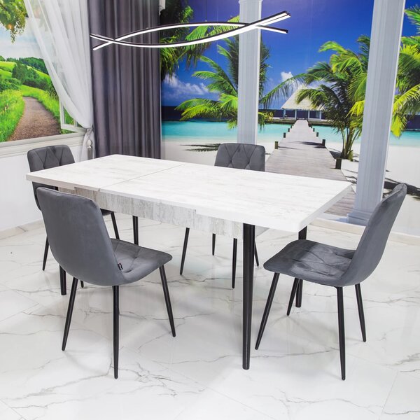 Set masa extensibila Napoli Pin antichizat cu 4 scaune Kobe gri, DENVER, picioare vopsite negru, 130x80x76 cm