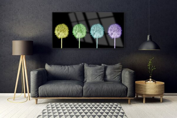 Tablou pe sticla Păpădie Floral Galben Verde Albastru Violet