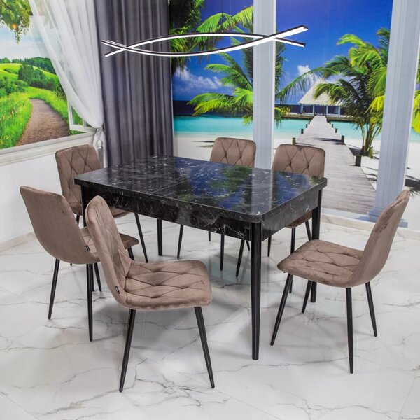 Set masa extensibila Napoli Black Marble cu 6 scaune Kobe maro, DENVER, picioare vopsite negru, 130x80x76 cm