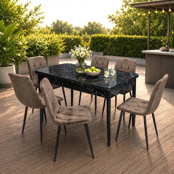 Set masa extensibila Napoli Black Marble cu 6 scaune Kobe maro, DENVER, picioare vopsite negru, 130x80x76 cm