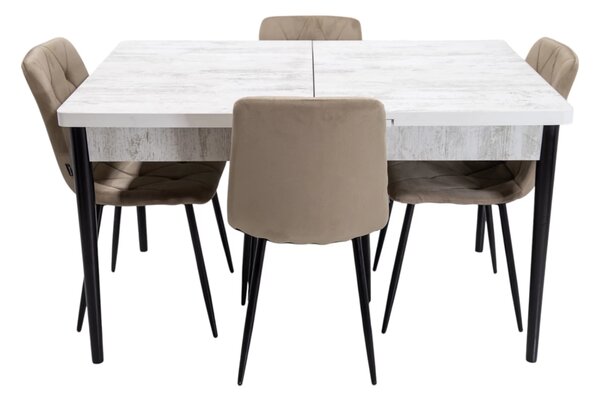 Set masa extensibila Napoli Pin antichizat cu 4 scaune Kobe bej, DENVER, picioare vopsite negru, 130x80x76 cm