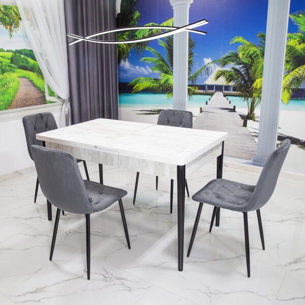 Set masa extensibila Napoli Pin antichizat cu 4 scaune Kobe gri, DENVER, picioare vopsite negru, 130x80x76 cm