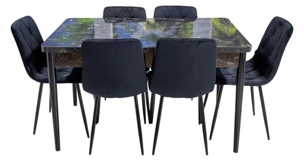 Set masa extensibila Napoli Black Marble cu 6 scaune Kobe negre, DENVER, picioare vopsite negru, 130x80x76 cm