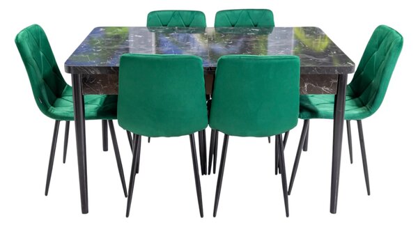 Set masa extensibila Napoli Black Marble cu 6 scaune Kobe verzi, DENVER, picioare vopsite negru, 130x80x76 cm