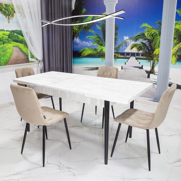 Set masa extensibila Napoli Pin antichizat cu 4 scaune Kobe bej, DENVER, picioare vopsite negru, 130x80x76 cm