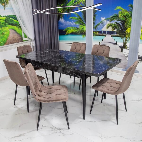 Set masa extensibila Napoli Black Marble cu 6 scaune Kobe maro, DENVER, picioare vopsite negru, 130x80x76 cm