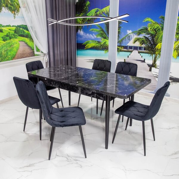 Set masa extensibila Napoli Black Marble cu 6 scaune Kobe negre, DENVER, picioare vopsite negru, 130x80x76 cm