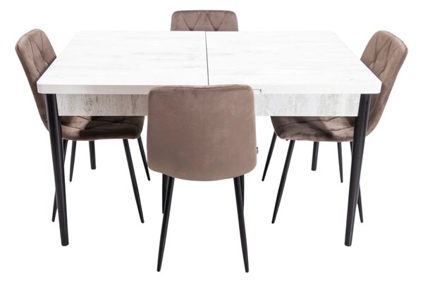 Set masa extensibila Napoli Pin antichizat cu 4 scaune Kobe maro, DENVER, picioare vopsite negru, 130x80x76 cm