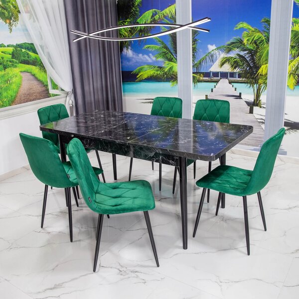 Set masa extensibila Napoli Black Marble cu 6 scaune Kobe verzi, DENVER, picioare vopsite negru, 130x80x76 cm
