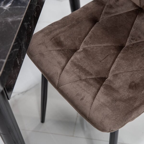 Set masa extensibila Napoli Black Marble cu 6 scaune Kobe maro, DENVER, picioare vopsite negru, 130x80x76 cm