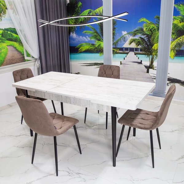 Set masa extensibila Napoli Pin antichizat cu 4 scaune Kobe maro, DENVER, picioare vopsite negru, 130x80x76 cm