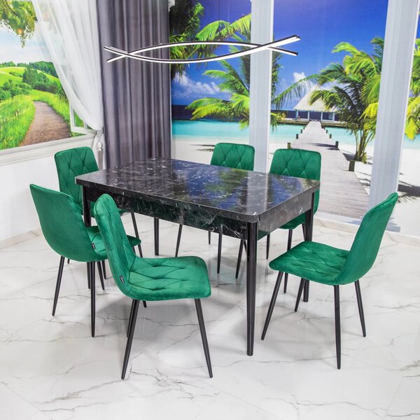 Set masa extensibila Napoli Black Marble cu 6 scaune Kobe verzi, DENVER, picioare vopsite negru, 130x80x76 cm
