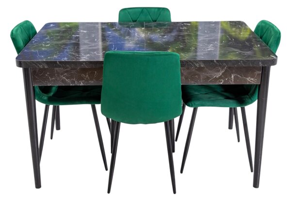 Set masa extensibila Napoli Black Marble cu 4 scaune Kobe verzi, DENVER, picioare vopsite negru, 130x80x76 cm
