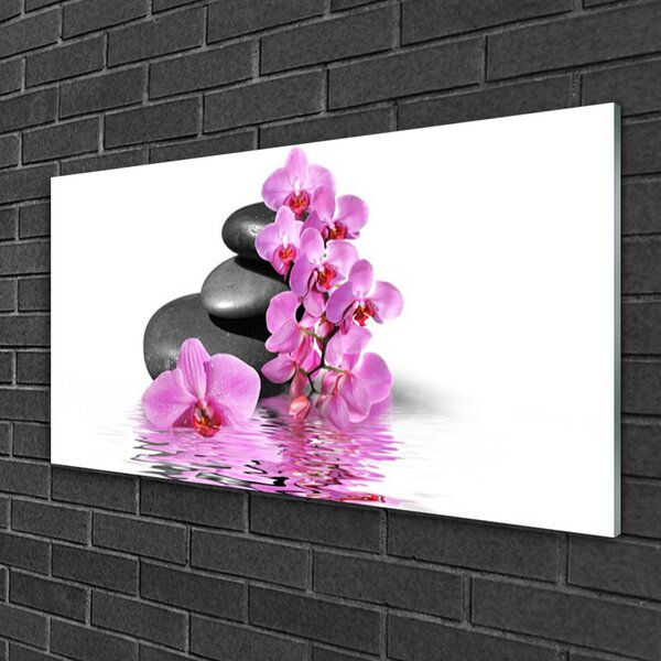 Tablou pe sticla Pietrele florale flori roz gri
