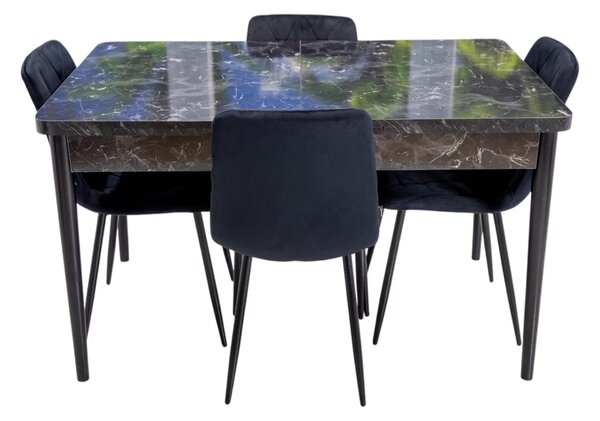 Set masa extensibila Napoli Black Marble cu 4 scaune Kobe negru, DENVER, picioare vopsite negru, 130x80x76 cm