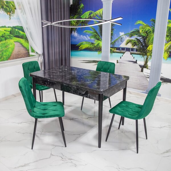 Set masa extensibila Napoli Black Marble cu 4 scaune Kobe verzi, DENVER, picioare vopsite negru, 130x80x76 cm