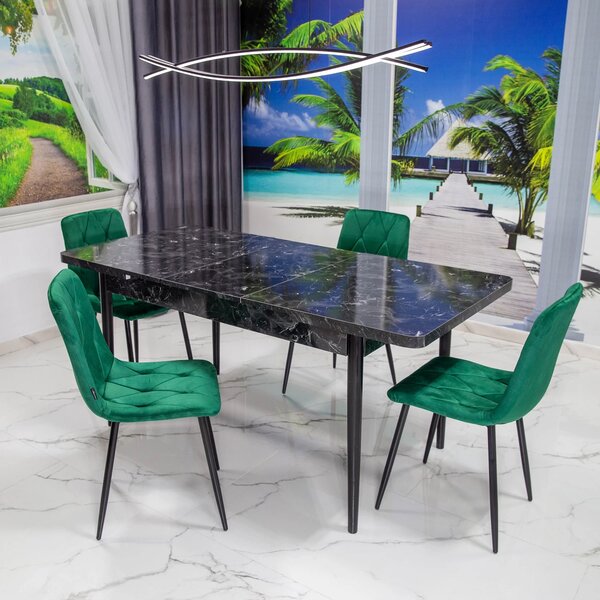 Set masa extensibila Napoli Black Marble cu 4 scaune Kobe verzi, DENVER, picioare vopsite negru, 130x80x76 cm